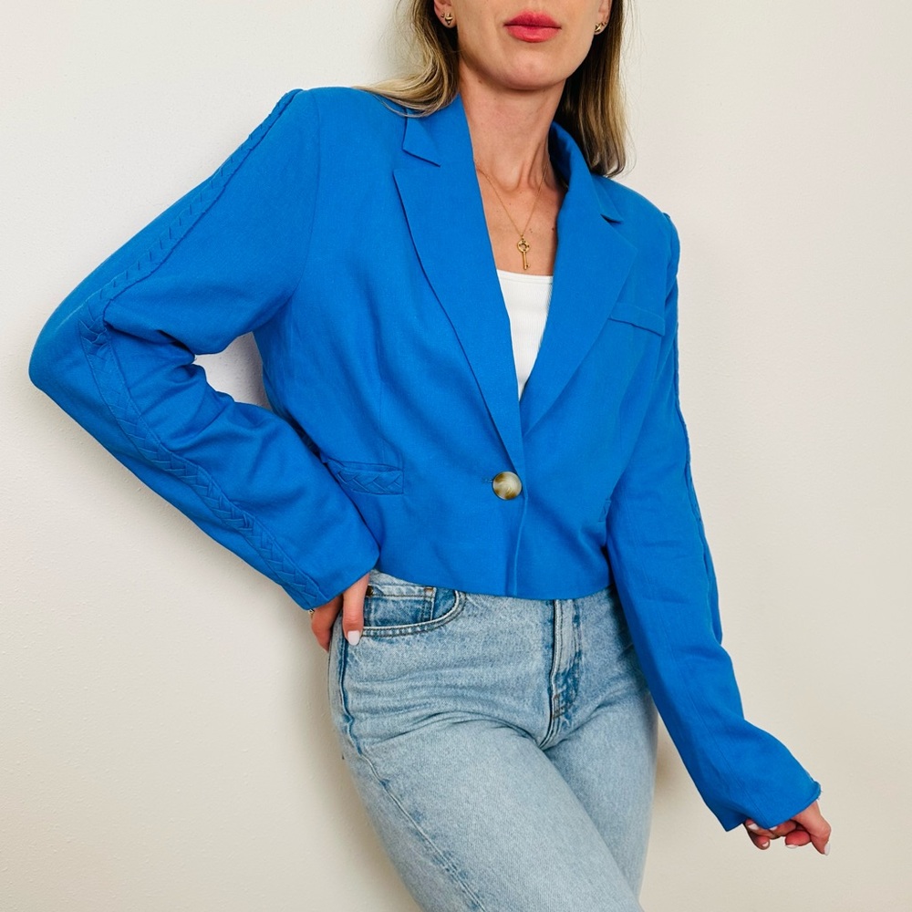 New Jason Wu Aqua Blue Linen Blend Cropped Blazer